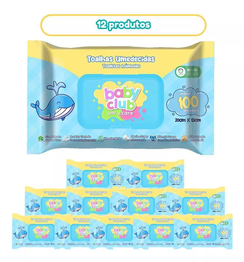 KIT 12 Toalha Umedecida Baby Club c/100