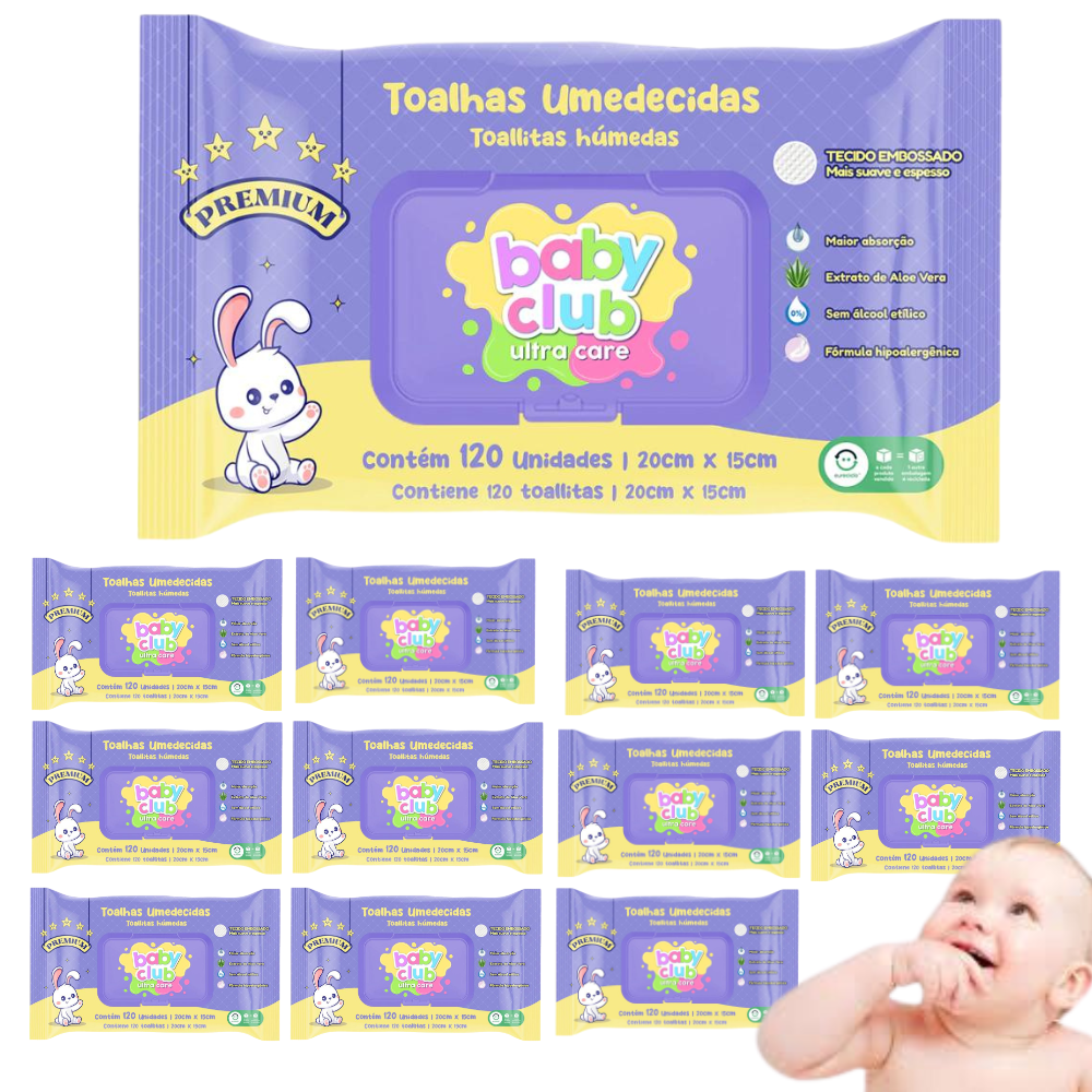 KIT 12 Toalhas Umedecidas Premium 120fls - Baby Club