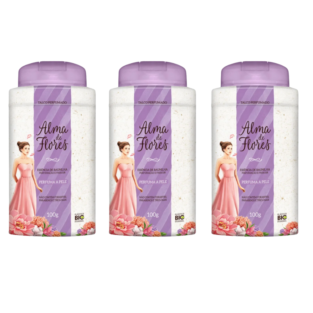 Kit 3 Talco Perfumado Alma de Flores Baunilha 100g