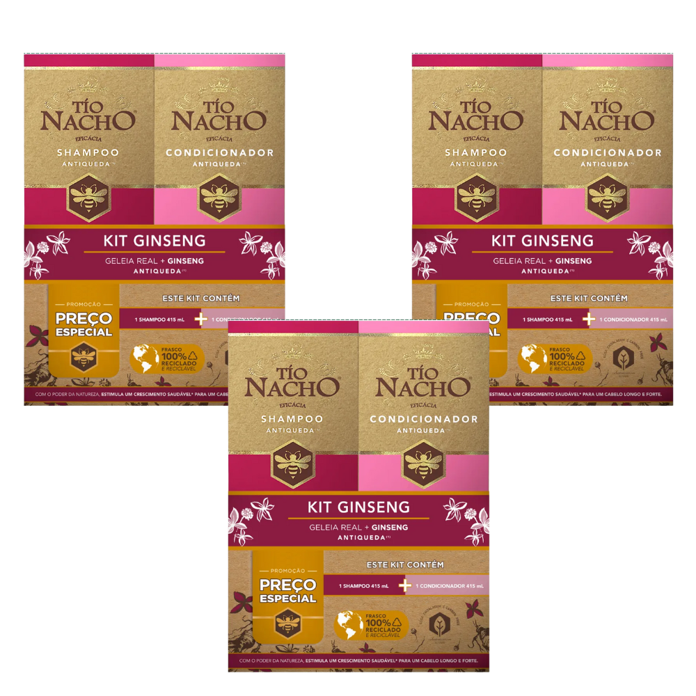 3 Kit Tio Nacho Ginseng Shampoo 415ml e Condicionador 415ml