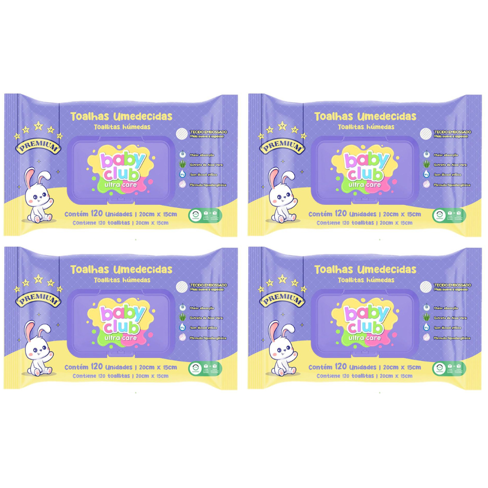 KIT 4 Toalhas Umedecidas Premium 120fls - Baby Club