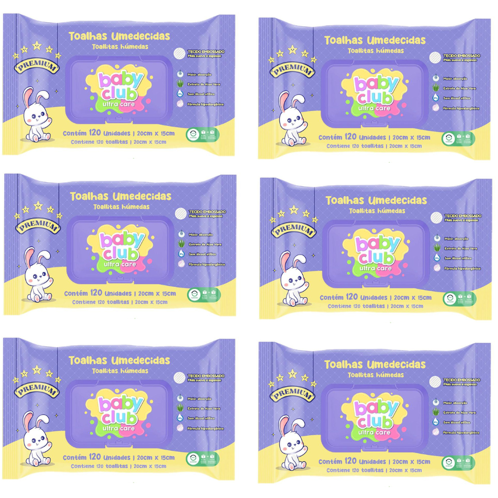 KIT 6 Toalhas Umedecidas Premium 120fls - Baby Club