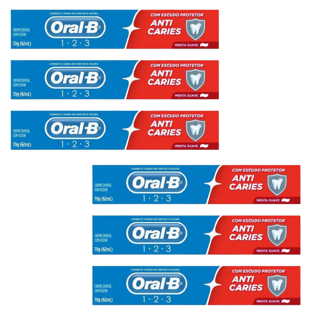 Kit 6 Creme Dental Oral B 1-2-3 Anticáries Menta Suave