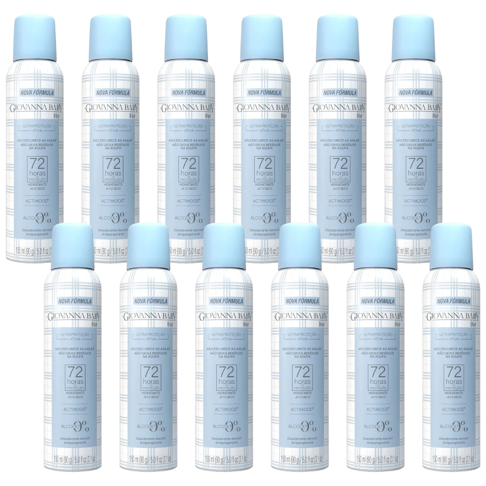 Kit 12 Desodorantes antitranspirantes Spray Giovanna Baby Blue Jato Seco 150ml cada