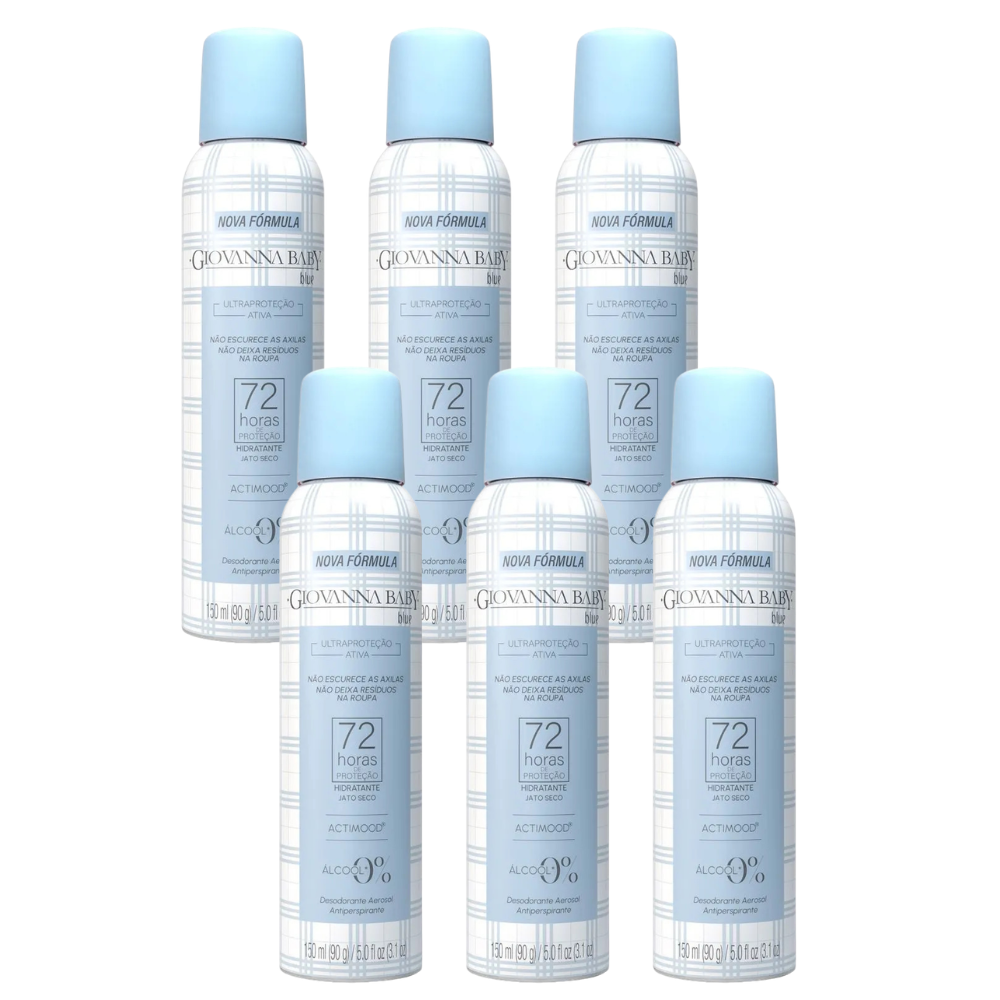 Kit 6 Desodorantes antitranspirantes Spray Giovanna Baby Blue Jato Seco 150ml cada