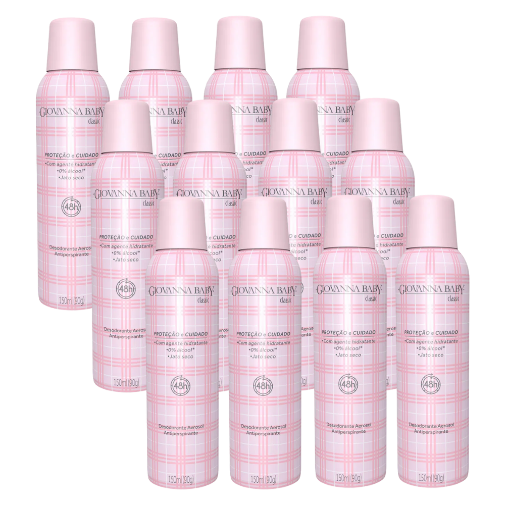 Kit 12 Desodorantes antitranspirantes Spray Giovanna Baby Classic Jato Seco 150ml cada