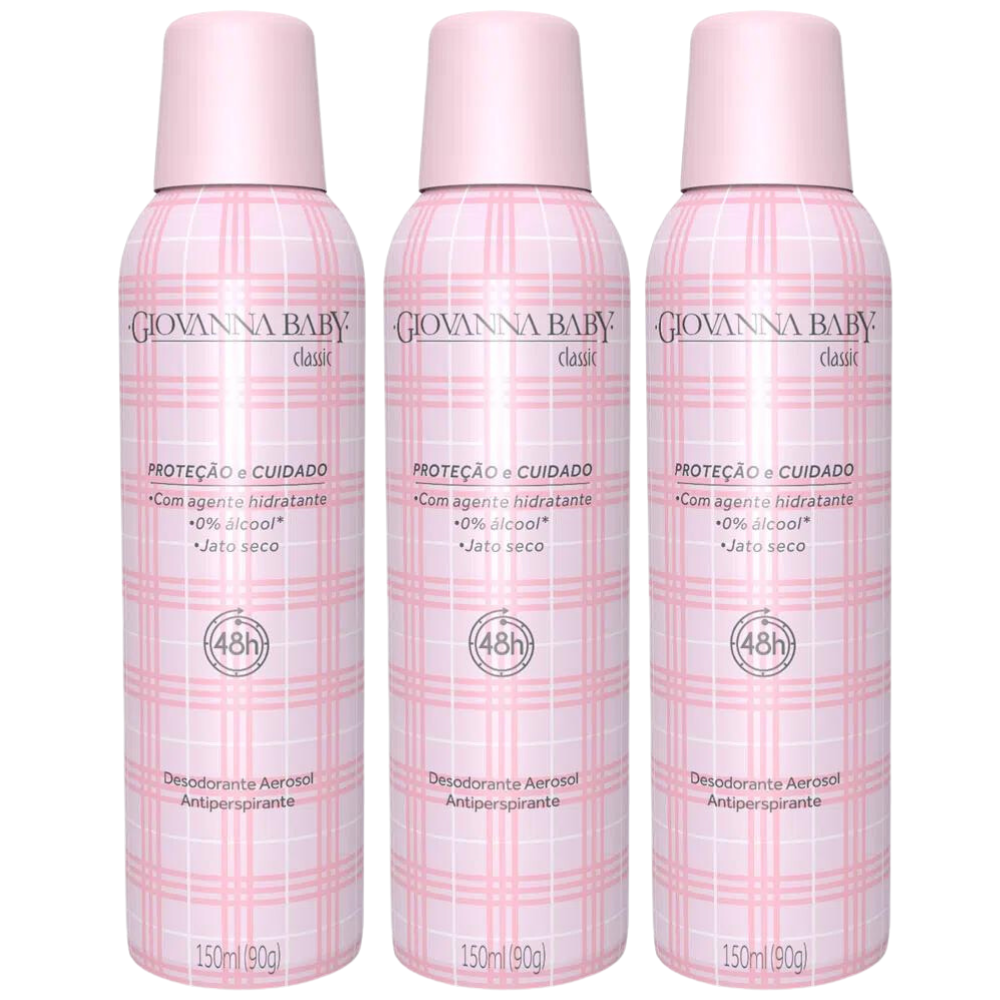 Kit 3 Desodorantes antitranspirantes Spray Giovanna Baby Classic Jato Seco 150ml cada