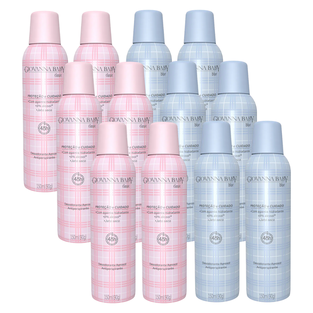 Kit 12 Desodorantes antitranspirantes Spray Giovanna Baby Mix Jato Seco 150ml