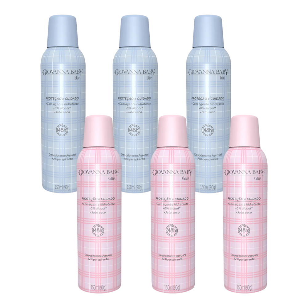 Kit 6 Desodorantes antitranspirantes Spray Giovanna Baby Mix Jato Seco 150ml