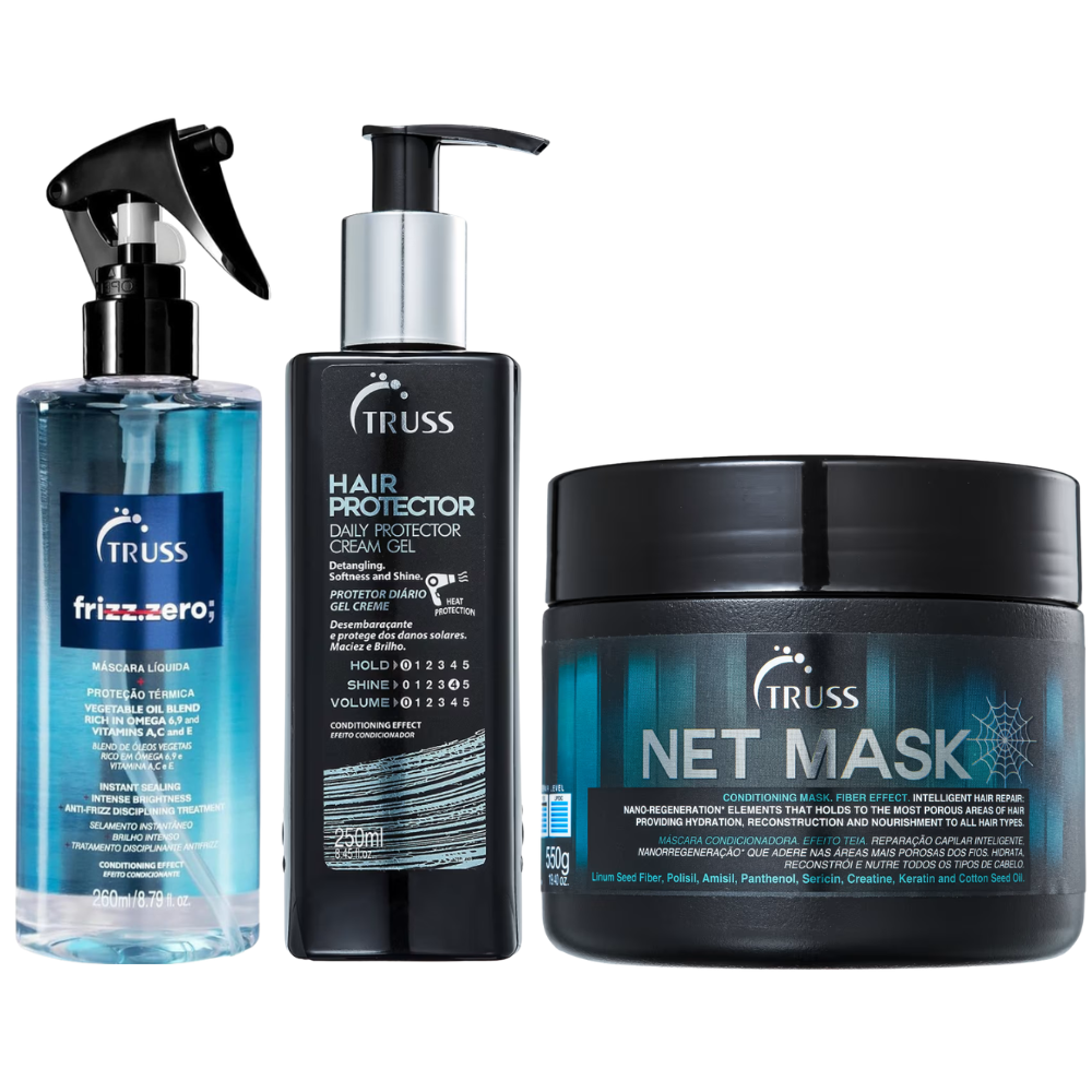 Kit Truss Mascara Spray Frizz Zero 260ml + Finalizador Hair Protector 250ml + Macara Net Mask 550g